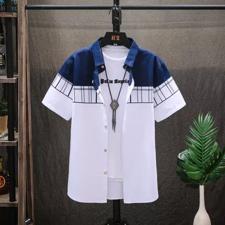 青少年夏季新款短袖衬衫男薄款韩版潮流高中学生夏装帅气男士衬衣商品大图