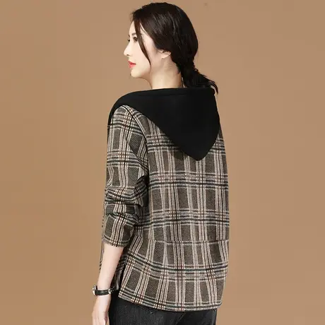 韩潮袭人2023年冬季新款连帽格子加厚毛呢外套宽松韩版保暖大衣图片