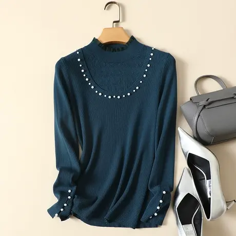 清仓！秋冬新款蕾丝拼接半高领女士内搭针织修身洋气打底衫毛衣女商品大图