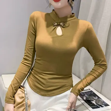 女装2024新款性感镂空盘扣上衣内搭修身打底衫不规则下摆长袖T恤图片