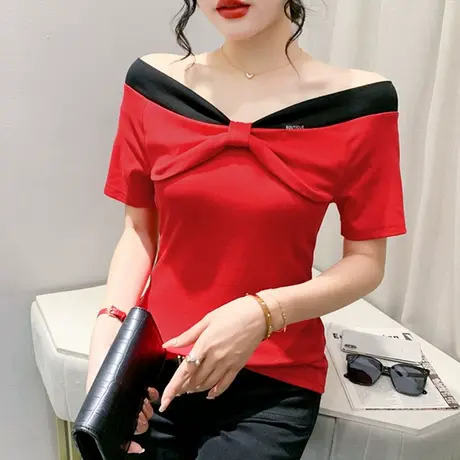 欧货一字领短袖上衣女2024夏新款气质蝴蝶结T恤性感露肩紧身小衫图片