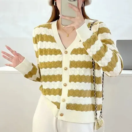 秋装新款条纹针织开衫短款小个子V领毛衣女外套洋气百搭拼色上衣图片