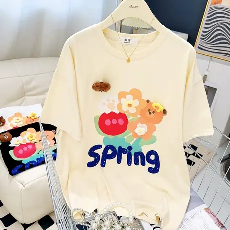 ins奶油云朵玩偶小熊短袖T恤韩国东大门纯棉半袖花朵减龄宽松遮肉图片