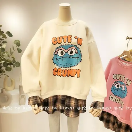 2020秋冬版韩国东大门假两件套装卫衣拼接格子衬衫加绒厚保暖卫衣图片