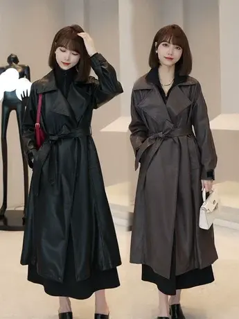 高级感时尚气质长款过膝皮衣外套女2023春秋季新款皮机车皮大衣潮商品大图