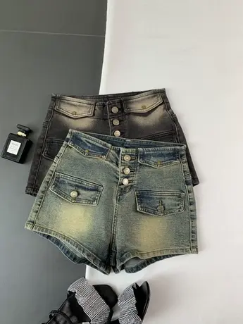 复古做旧设计感排扣假口袋牛仔短裤女美式弹力包臀紧身a字热裤潮图片