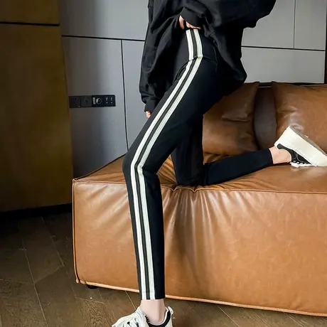 黑色休闲打底裤女秋季新款条纹九分高腰弹力修身显瘦小脚运动裤图片