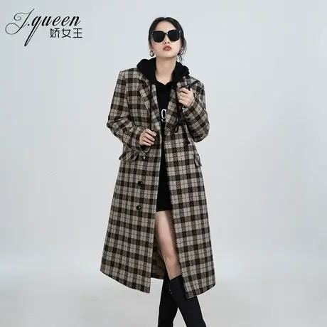 格子毛呢外套女中长款夹棉冬季新款复古英伦风高级感呢子西装大衣图片