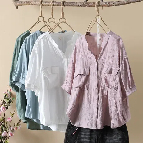 夏季韩版文艺简约百搭五分袖V领衬衫女宽松休闲双口袋中袖上衣薄图片