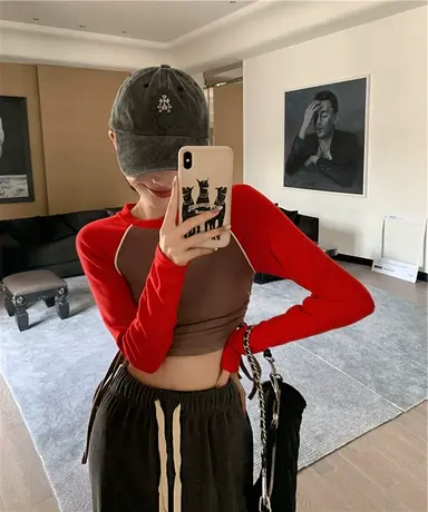 2024年新款早秋季女装修身显瘦短款上衣高腰辣妹抽绳长袖T恤ins潮商品大图