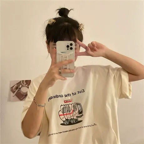 美式复古卡通汽车印花纯棉短袖t恤女宽松设计感小众港风chic上衣商品大图