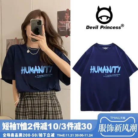 Vintage美式复古藏蓝色短袖T恤潮ins小众夏季纯棉甜美遮屁股上衣商品大图