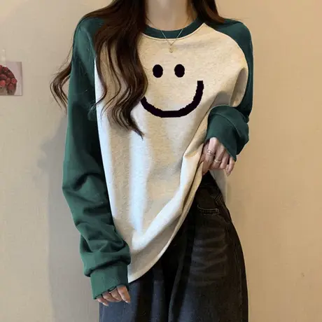 笑脸卡通长袖T恤女秋冬外穿内搭打底衫加绒加厚撞色插肩袖上衣服商品大图