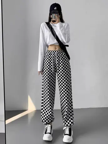 运动裤女春秋小众设计感宽松束脚高腰垂感直筒阔腿裤格子卫裤子夏商品大图