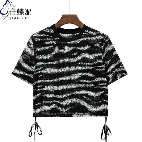 夏季新款圆领修身短款拉绳薄款网纱水波纹撞色短袖体恤上衣女打底商品大图