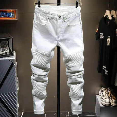 夏季白色薄款朋克潮牌牛仔裤男拉链款百搭修身小脚男士休闲九分裤商品大图