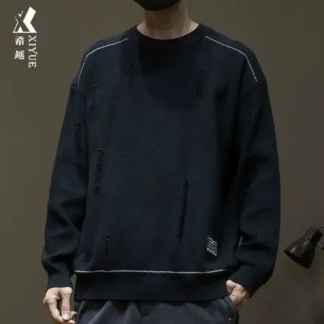 希越12针美式针织圆领毛衣男士秋冬季设计感长袖打底线衣潮流百搭商品大图