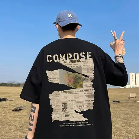 美式重磅短袖恤男款宽松夏季oversize高中生潮牌潮流五分中袖男装商品大图