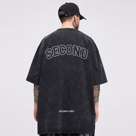 300g重磅纯棉水洗做旧短袖t恤男生高街美式复古字母宽松休闲半袖商品大图