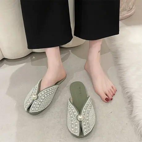 网红包头半拖鞋女夏外穿2023年新款鱼嘴凉拖平底珍珠懒人穆勒鞋潮商品大图