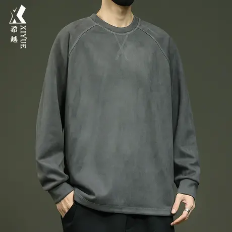 美式350g重磅T恤男秋冬季保暖麂皮绒圆领卫衣宽松大码男士打底衫商品大图