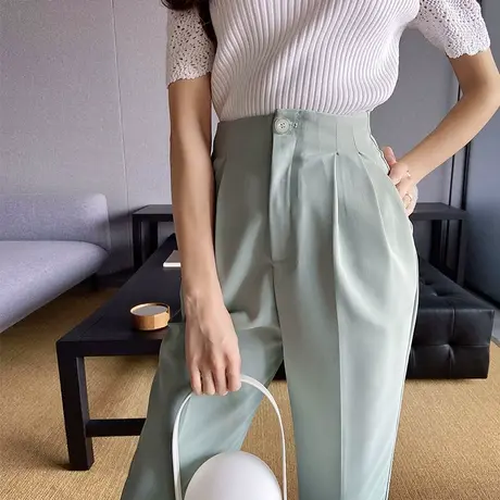 粉红大布娃娃韩版修身显瘦高腰九分裤2022夏季新款百搭休闲裤子女图片