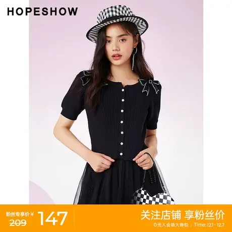 红袖outlets闪钻蝴蝶结针织开衫hopeshow春季新款女装圆领上衣商品大图