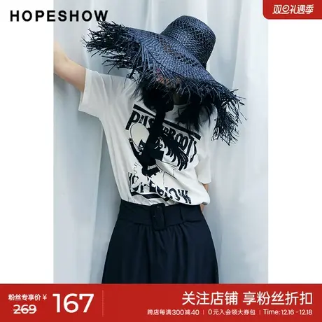 红袖V&A博物馆联名款hopeshow2023春新款设计感插画圆领T恤上衣女商品大图