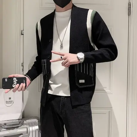 v领毛衣男秋冬慵懒风开衫外套日系复古时尚潮牌学院风条纹针织衫商品大图