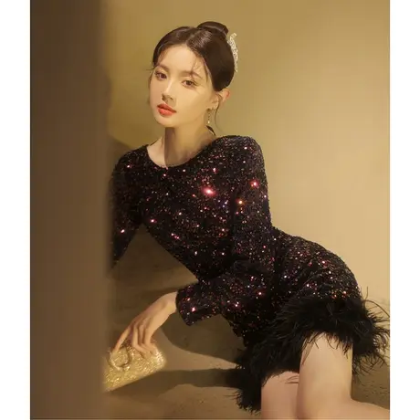 黑色亮片晚礼服裙女轻奢高端小众年会长袖小个子气质名媛生日高端商品大图