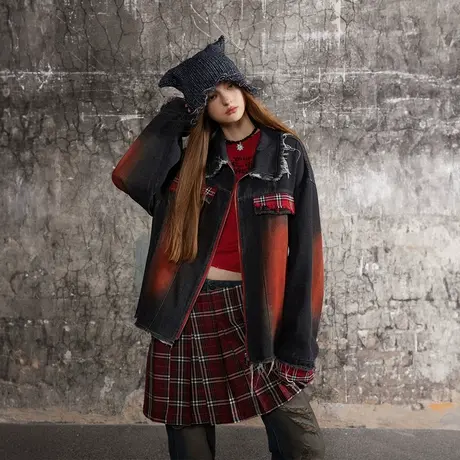 街头潮牌复古拼接毛边牛仔外套女春秋2024新款情侣装夹克宽松上衣商品大图