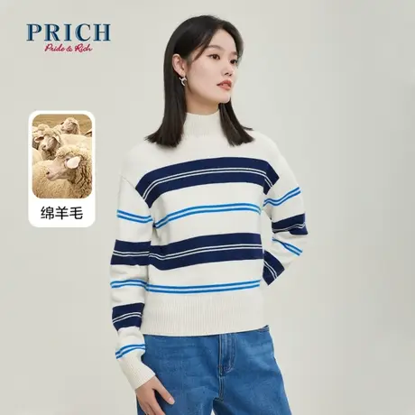PRICH【直播专享】针织衫秋冬含绵羊毛高领条纹宽松落肩毛衫上衣图片
