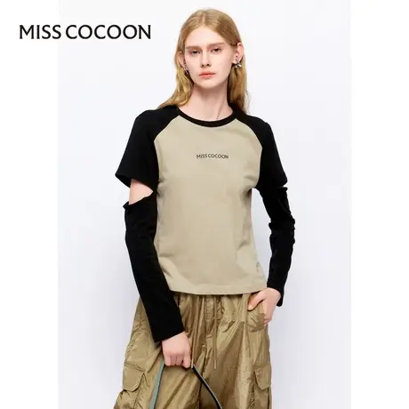 MISSCOCOON【反叛风潮】24春新款简约拼色插肩袖镂空休闲圆领T恤图片
