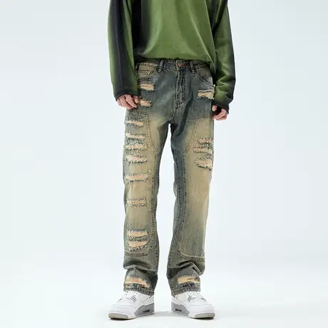 美式复古破洞牛仔裤男潮牌秋季新款休闲高个子加长版大码直筒裤子商品大图