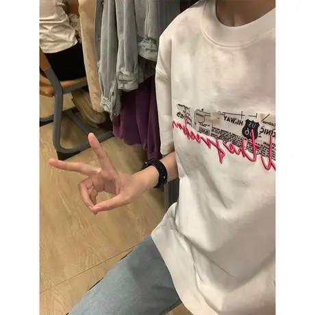 纯棉设计感印花字母短袖t恤女夏季新款小众宽松美式复古半袖上衣商品大图