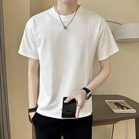 夏季印花短袖T恤男纯色休闲个性圆领内搭上衣潮牌高级男装半袖T恤商品大图