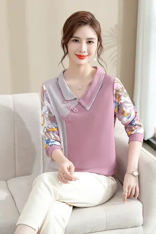 妈妈春装新款针织衫纱袖T恤翻领上衣中老年女春秋装薄款雪纺衬衫图片