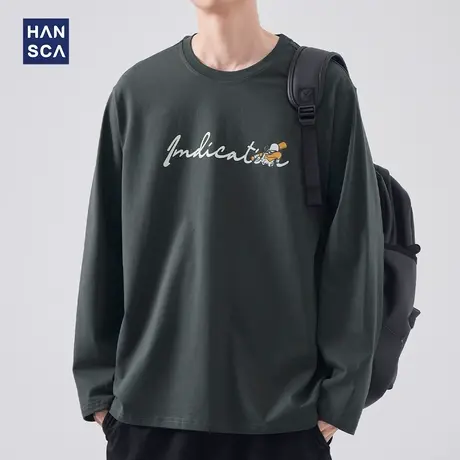 hansca 重磅纯棉印花长袖t恤男春季新款圆领宽松青少年大码打底衫商品大图