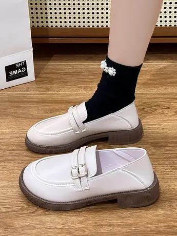 英伦风日系jk小皮鞋女2024春秋新款圆头平底单鞋一脚蹬低跟乐福鞋图片