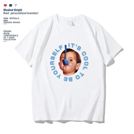 夏季美式复古印花短袖t恤男学生纯棉宽松休闲圆领半袖港风情侣装商品大图