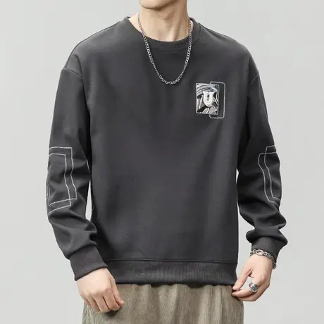 2023新款男士秋天宽松痞帅圆领卫衣秋季重磅印花长袖上衣服春秋款图片