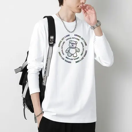 长袖t恤男装纯棉秋季上衣服白色全棉内搭打底衫小熊印花圆领体恤商品大图