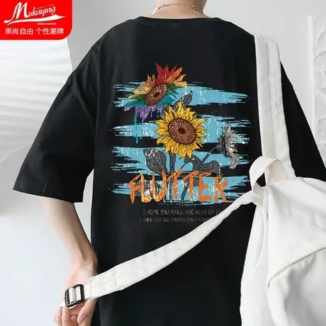 欧美潮牌美式复古短袖t恤男国潮港风向日葵印花情侣中性夏季半袖商品大图