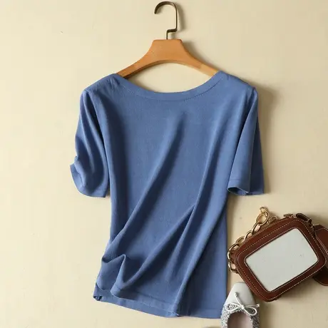 短袖t恤女装2023春夏新款冰丝针织衫女套头宽松韩版打底衫女上衣商品大图