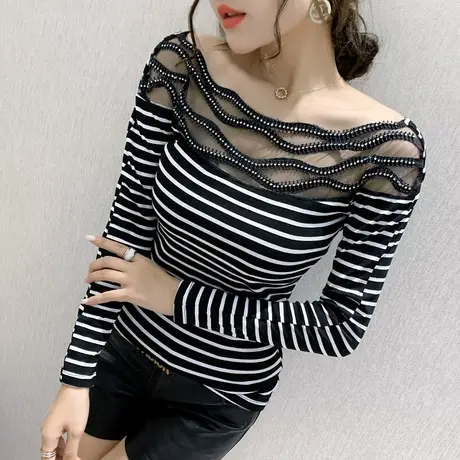 一字肩秋装女性感镂空T恤女长袖网纱拼接条纹上衣I洋气百搭打底衫商品大图