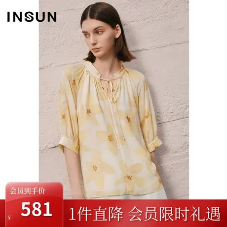 恩裳COVER2023夏季新款简约宽松插肩袖浪漫百合印花桑蚕丝衬衫女图片