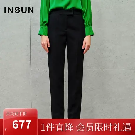 恩裳2023秋装新款羊毛混纺百搭弹力小脚裤抗皱免烫黑色显瘦休闲裤商品大图