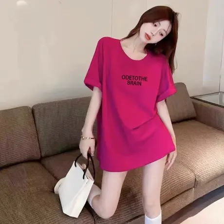 欧货火龙果玫红色短袖t恤女爆款宽松纯棉中长款遮肚子百搭上衣ins商品大图