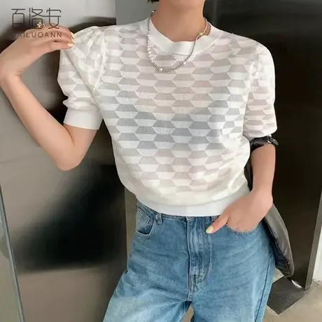 百洛安时尚泡泡袖针织衫女2023夏季新款气质圆领宽松薄款短袖上衣图片