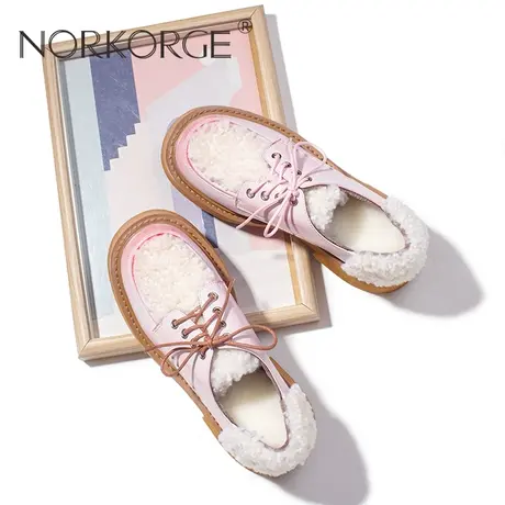 原创新款手工真毛甜美粉色系带羊羔毛单鞋女鞋真皮方头增高小皮鞋图片